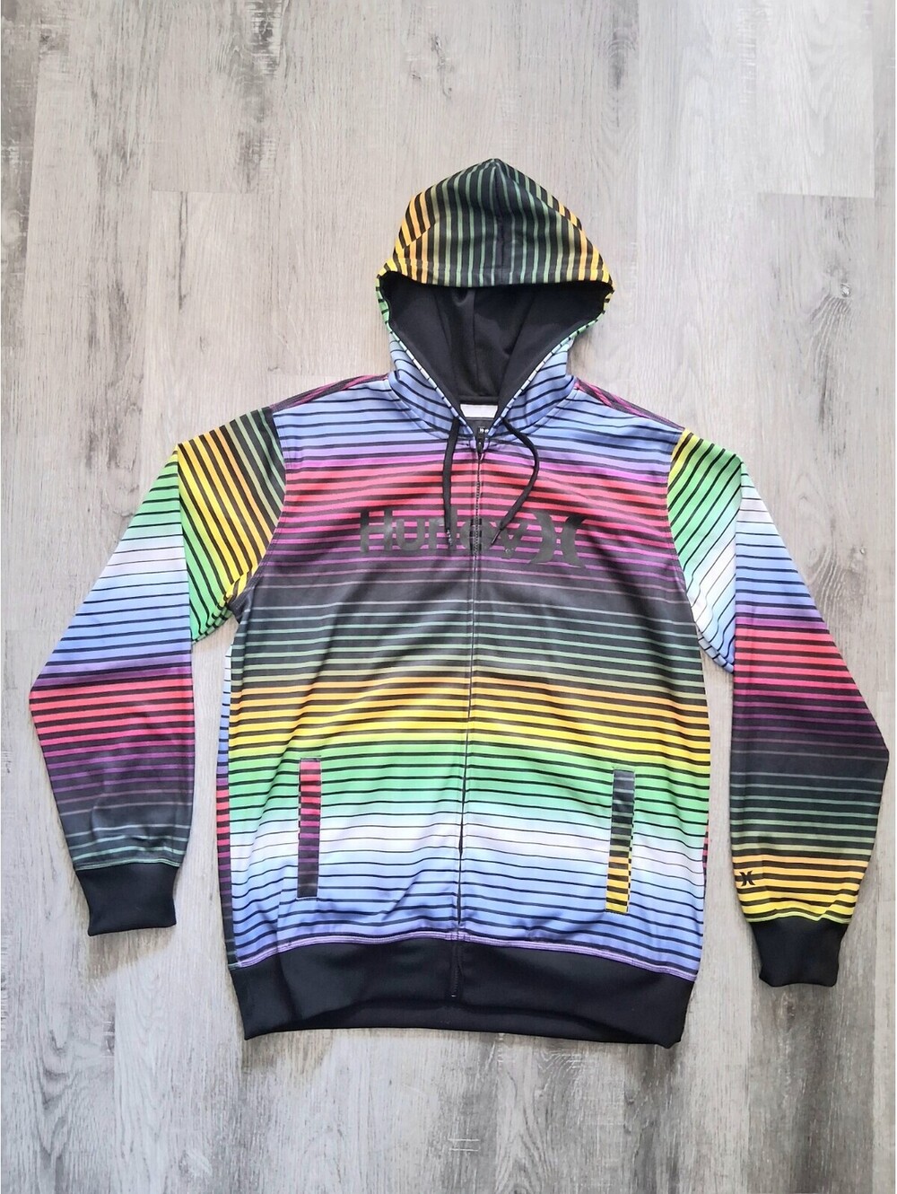 Hurley Mens XL Black Full Zip Hoodie Rainbow Striped Gradient Logo Sweatshirt